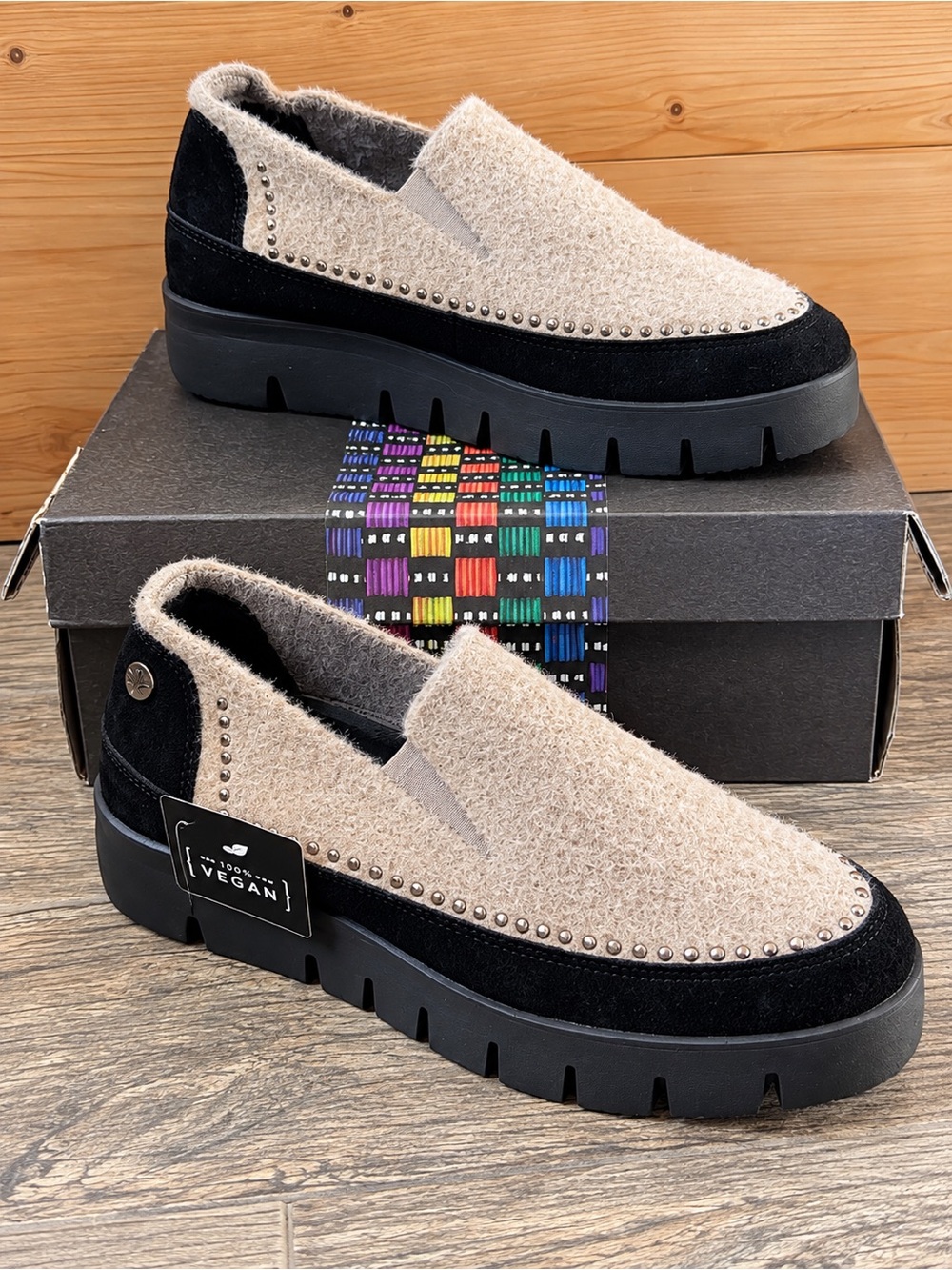 Bernie mev smoke fuzz Vegan Slip-On Platform Loafer - Beige & Black sz 39 NIB
